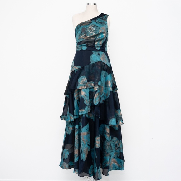 Aidan Mattox -  One-shoulder Jacquard Tiered Ballgown. - Picture 2 of 16